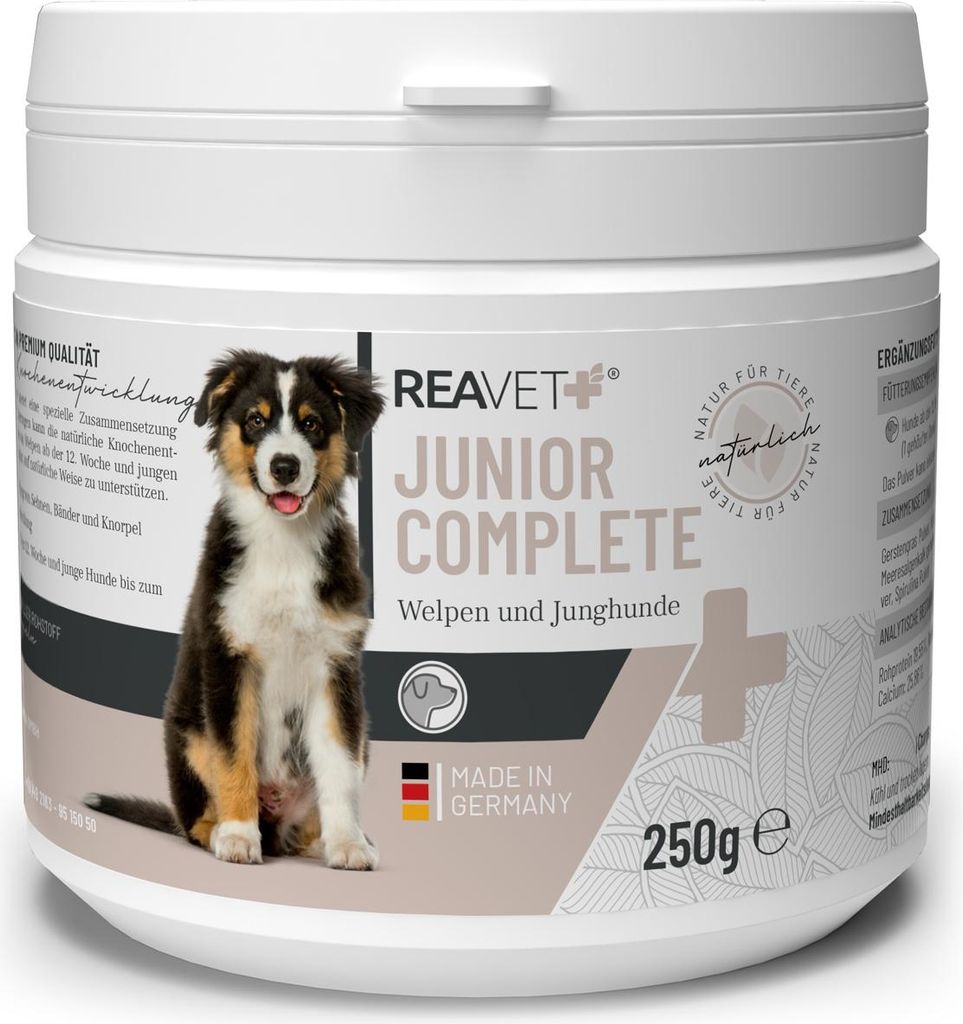 REAVET Junior Complete für Hunde 250g - Natürliche Knochenentwicklung für Welpen & Junghunde - Ergänzung für Sehnen, Bänder, Knochen, Zahn En...