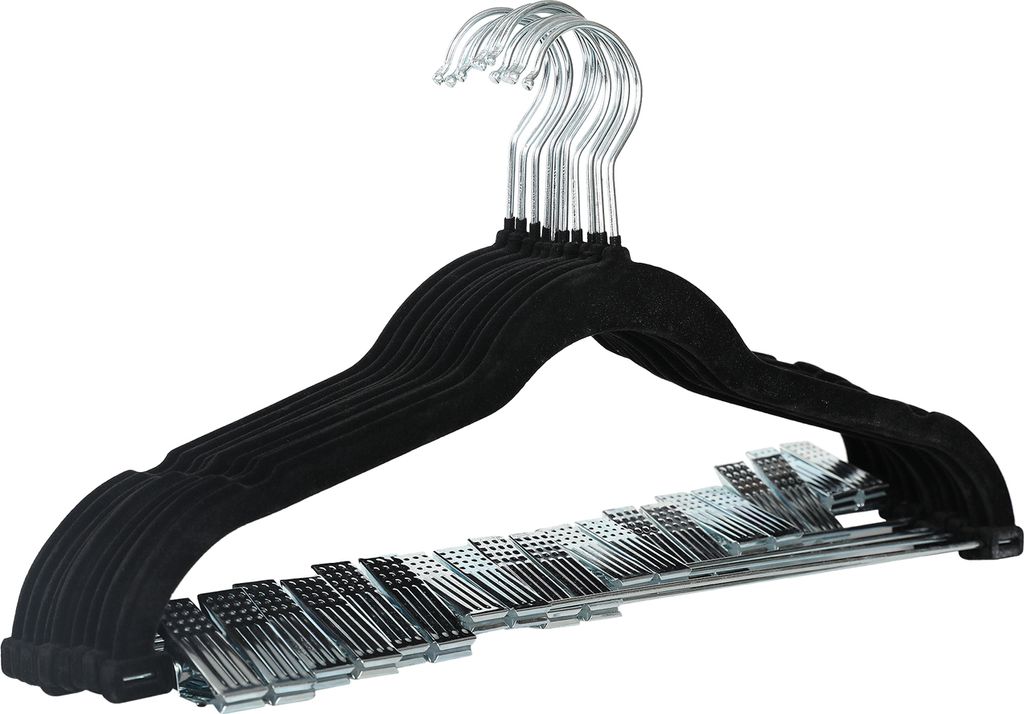 SVITA 10er Set Kleiderbügel Hosenbügel mit Clips und Samt-Bezug Schwarz