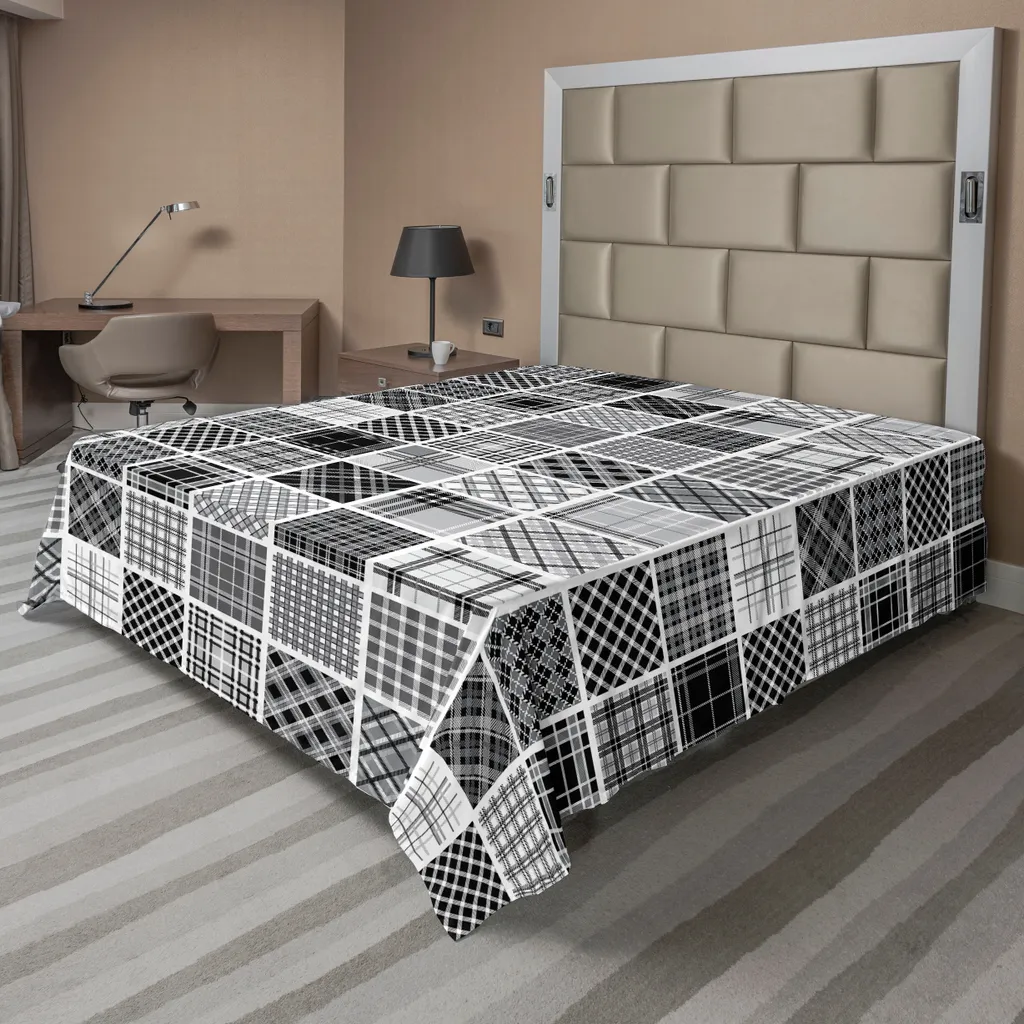 Drap plat décoratif gris pour chambre adulte, motifs carreaux 244x205 cm