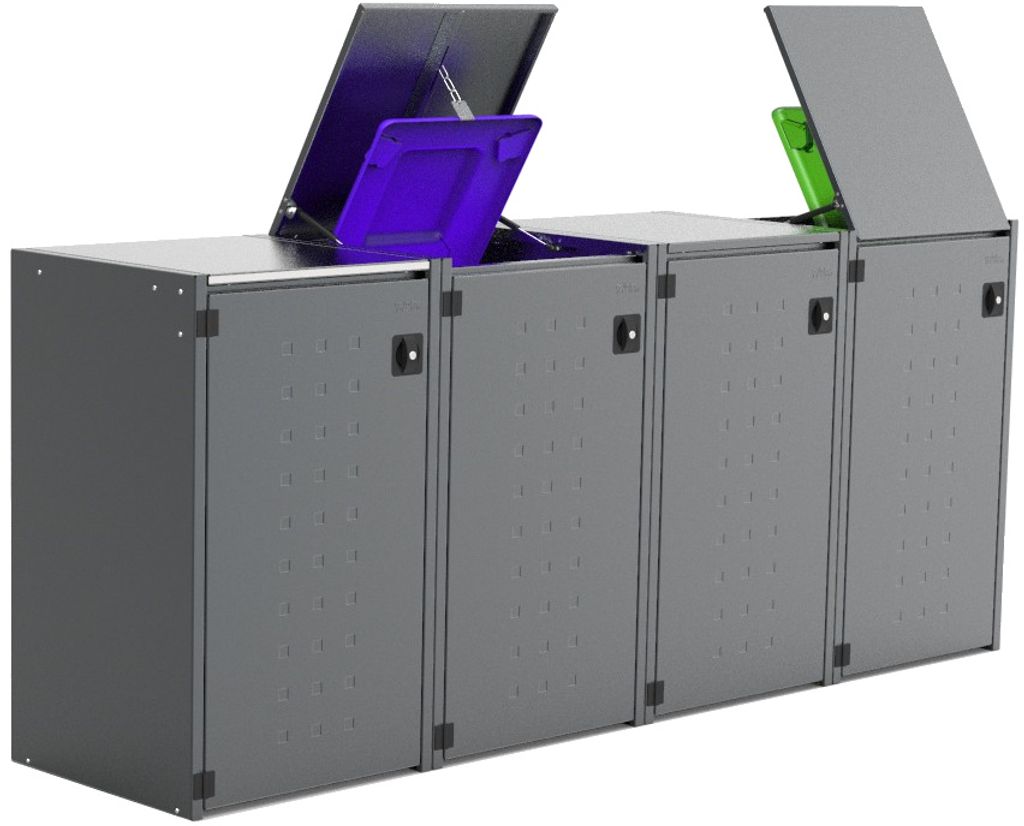 reinkeDESIGN | Tonnenhaus 4er, 4x240L | Typ_X | oben befüllbar, Türen & Blenden in Anthrazit | Ideal für Eigenheim, erstklassige Verarbeitung