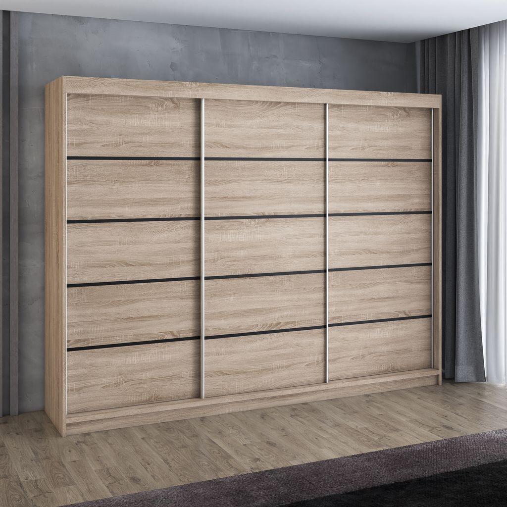 Schwebetürenschrank, 3-türig Schrank 200 cm mit 4 Schubladen, Retrostil Premium! Moderne Garderobe für Kleidung. Verschiedene Farben (Weiß, Sc...