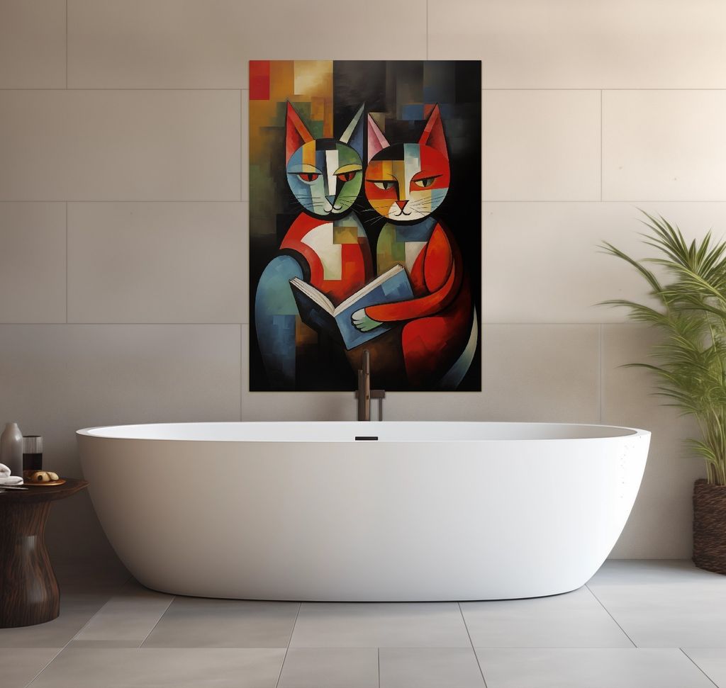 Wallario wasserfestes Poster selbstklebend 70 x 100 cm, Malerisches Katzenduo, Badezimmerposter Spritzschutz mit Hochglanzoberfläche in Glasoptik