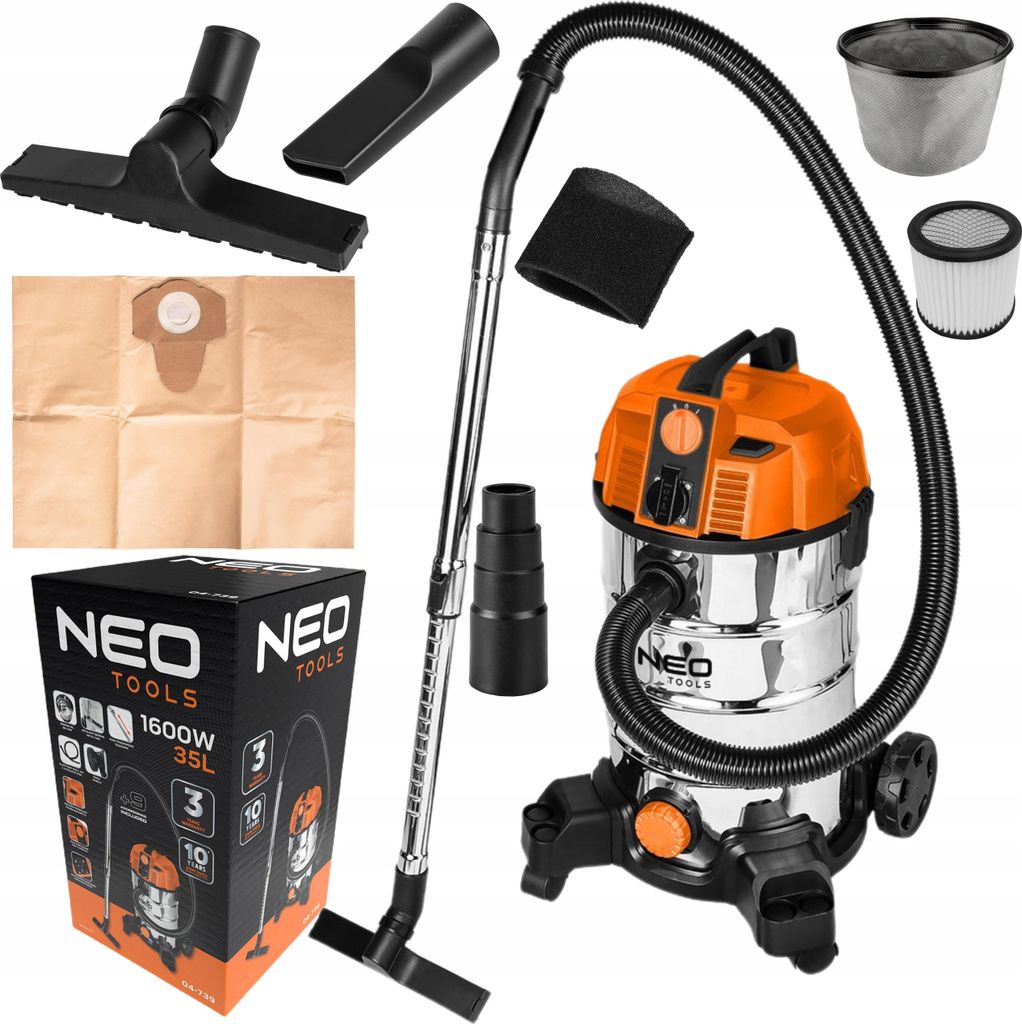 Staubsauger 1600W Neo Tools 04-739 35L Leistungsstark Mit Langem Saugschlauch 1,5-4,5M