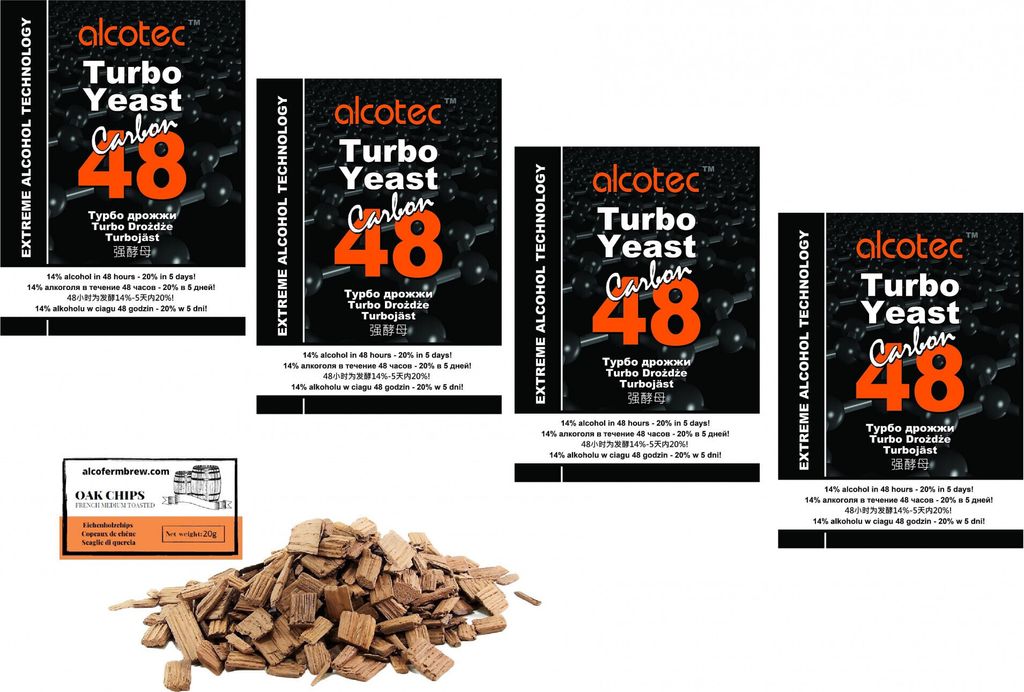 4 x Alcotec Turbohefe 48 + Aktivkohle, Alkohol Brennhefe, Gärhefe, Wodkahefe