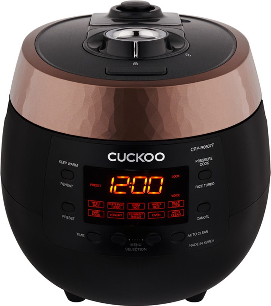 A CUCKOO CRP-R0607F Premium Dampfdruck Reiskocher Schnellkochtopf & Schongarer mit programmierbaren Kochfunktionen is shown against a white background.