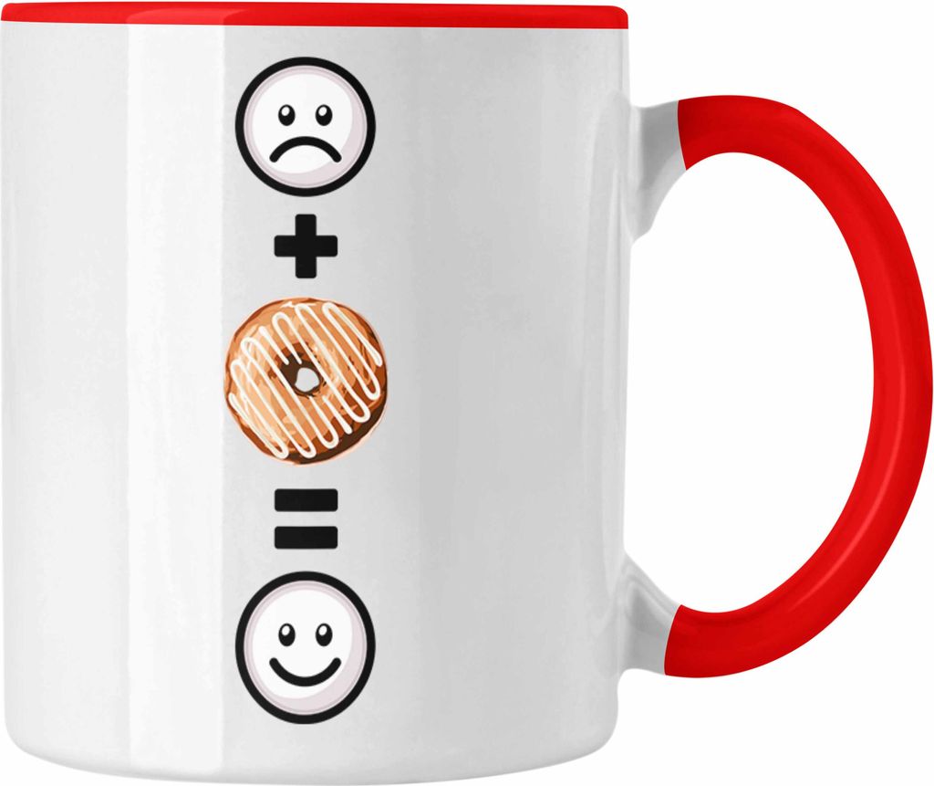 Trendation - Donut Tasse Geschenk für Donut-Liebhaber :( + Donut = :) Lustige Geschenkidee Geburtstag (Rot)