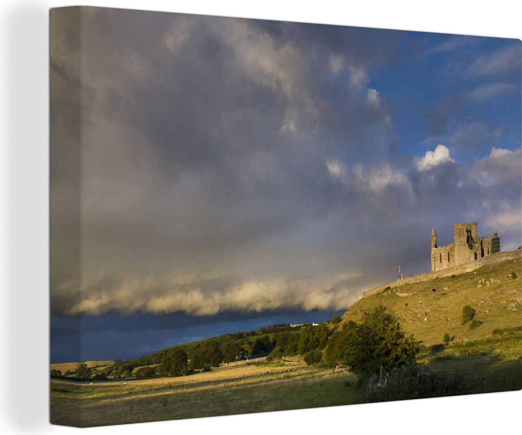 OneMillionCanvasses - Leinwandbilder - 140x90 cm, Rock of Cashel in Irland am Abend mit großen Wolken, Wandbilder Kunstdruck Wanddekoration - Fo...