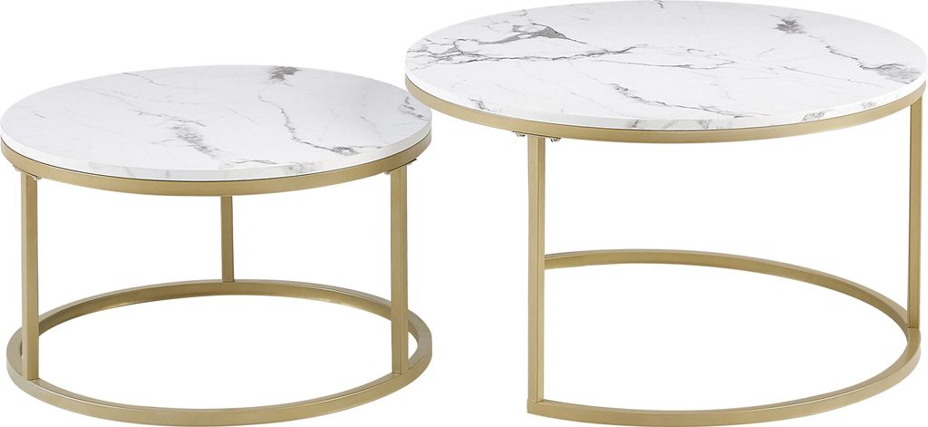 Two round coffee tables with marble-like tops and gold metal frames are shown against a white background.