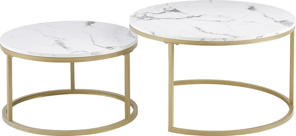 Table de salon gigogne ronde Lot de 2 avec plateau Blanc aspect Marbre