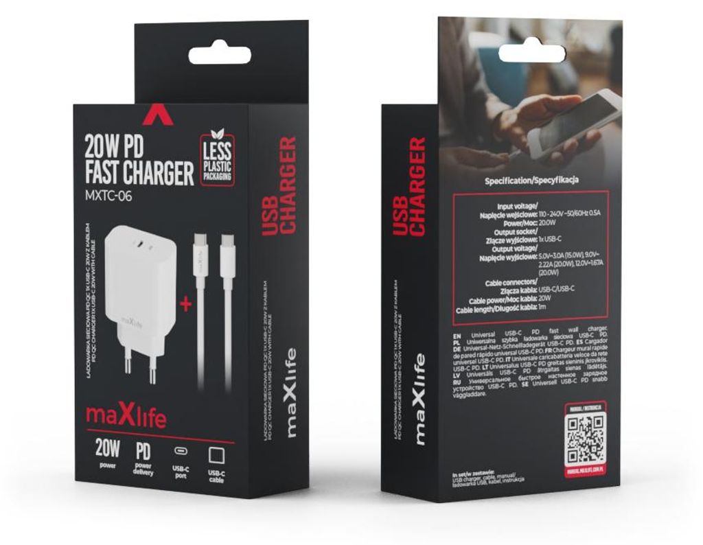 Maxlife PD QC Wandladegerät MXTC-06 1x USB-C 20W weiß + USB-C - USB-C 20W Kabel
