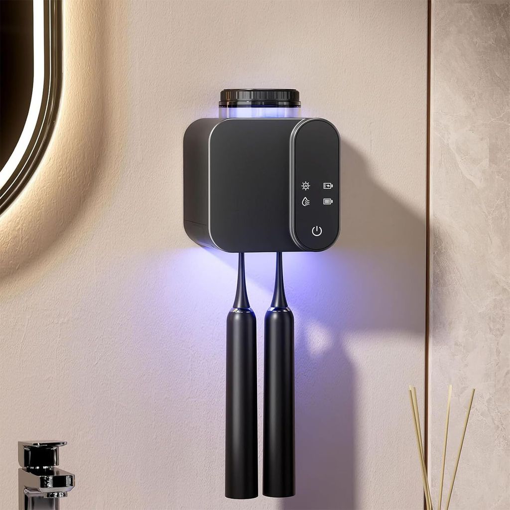 UV Zahnbürste Sterilisator, Elektrische Zahnbürste zur Wandmontage mit Trocknen Solar- und USB-Ladung, Zahnbürstenhalter mit 2 Steckplätzen (Sc...