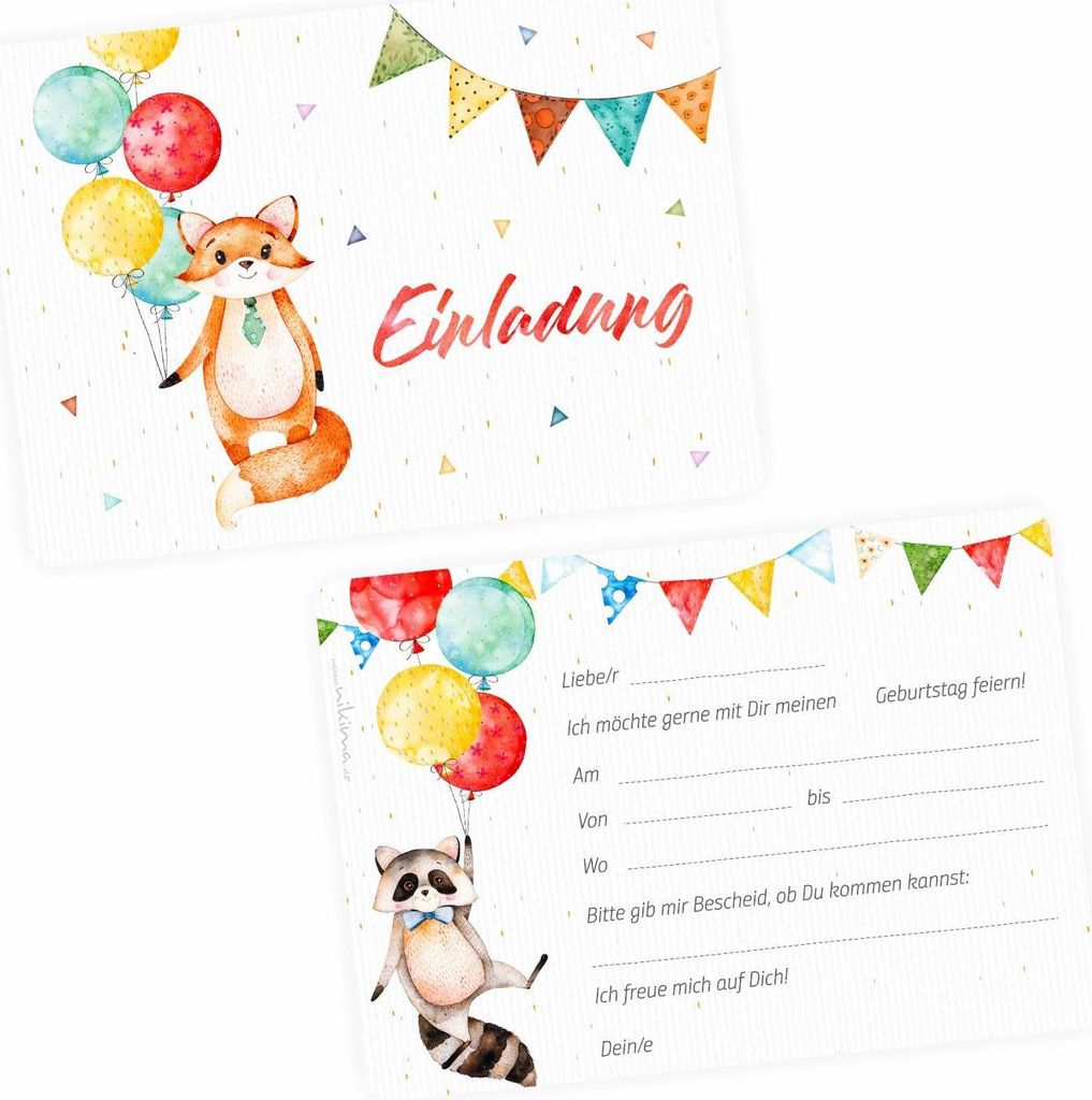 10 Einladungskarten Fuchs Luftballons inkl. 10 transparenten Briefumschlägen Kindergeburtstag Mädchen Junge