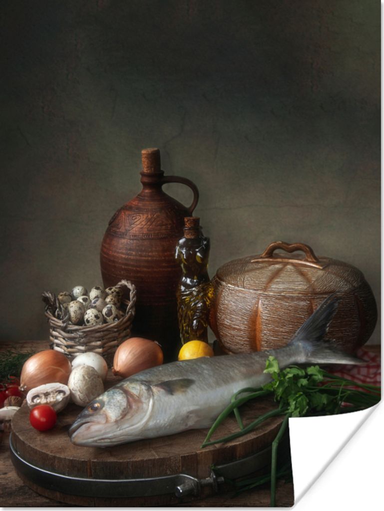 MuchoWow Poster Rustikal - Fisch - Stilleben - Gemüse - Kräuter 30x40 cm - Wandplakat - Poster Kinderzimmer