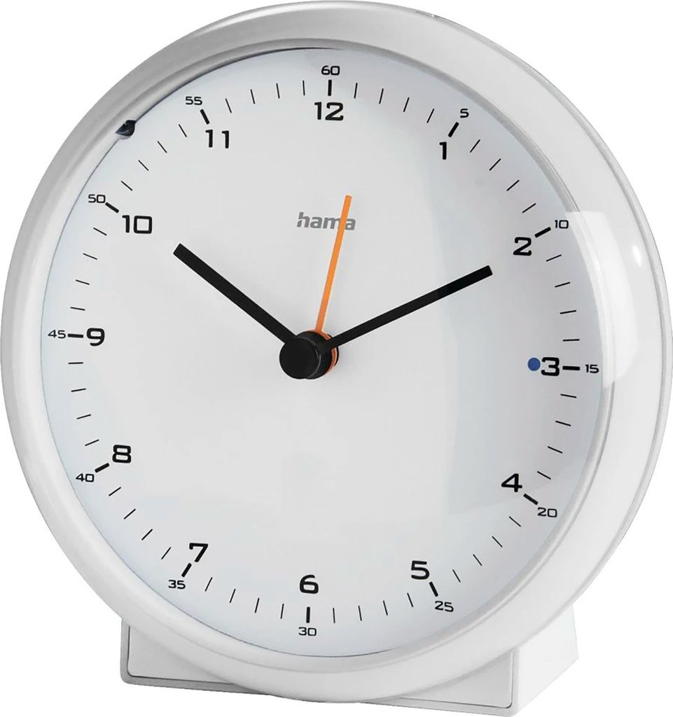 A white analog alarm clock with black hands and orange second hand, set against a white background.