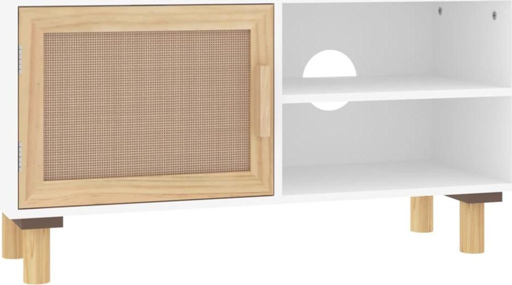 vidaXL TV-Schrank Weiß 80x30x40 cm Massivholz Kiefer und Natur-Rattan