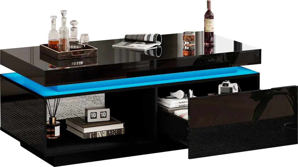 Table basse LED haute brillance Sweiko 100cm - Plateau 50kg et rangement