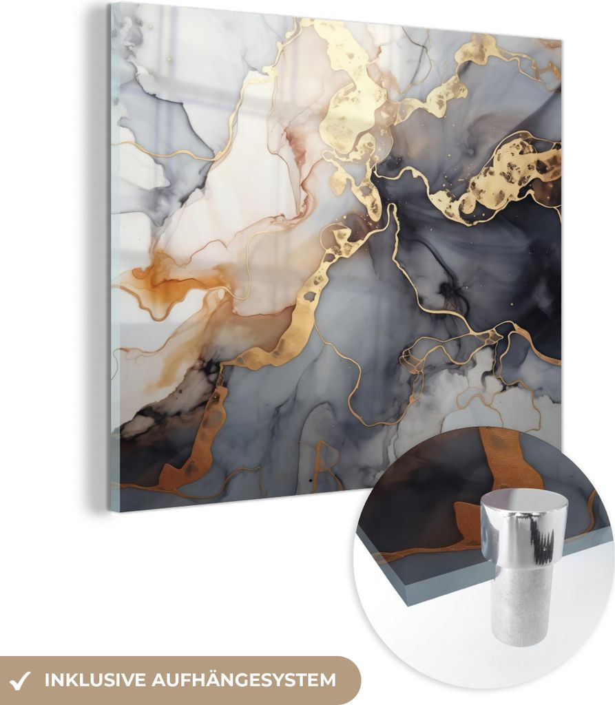 MuchoWow Glasbilder - Bilder auf Wandbild - Foto auf Glas Marmor - Schwarz - Gold - Weiß 50x50 cm Wanddekoration aus Glas - Acrylglasbild - Acrylb...