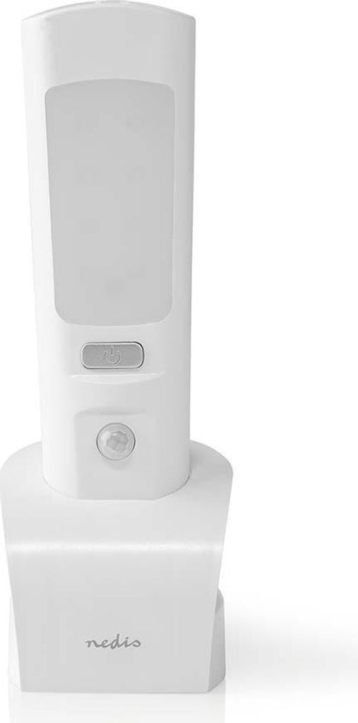 A white LED orientation light and flashlight is shown on its charging base against a white background.