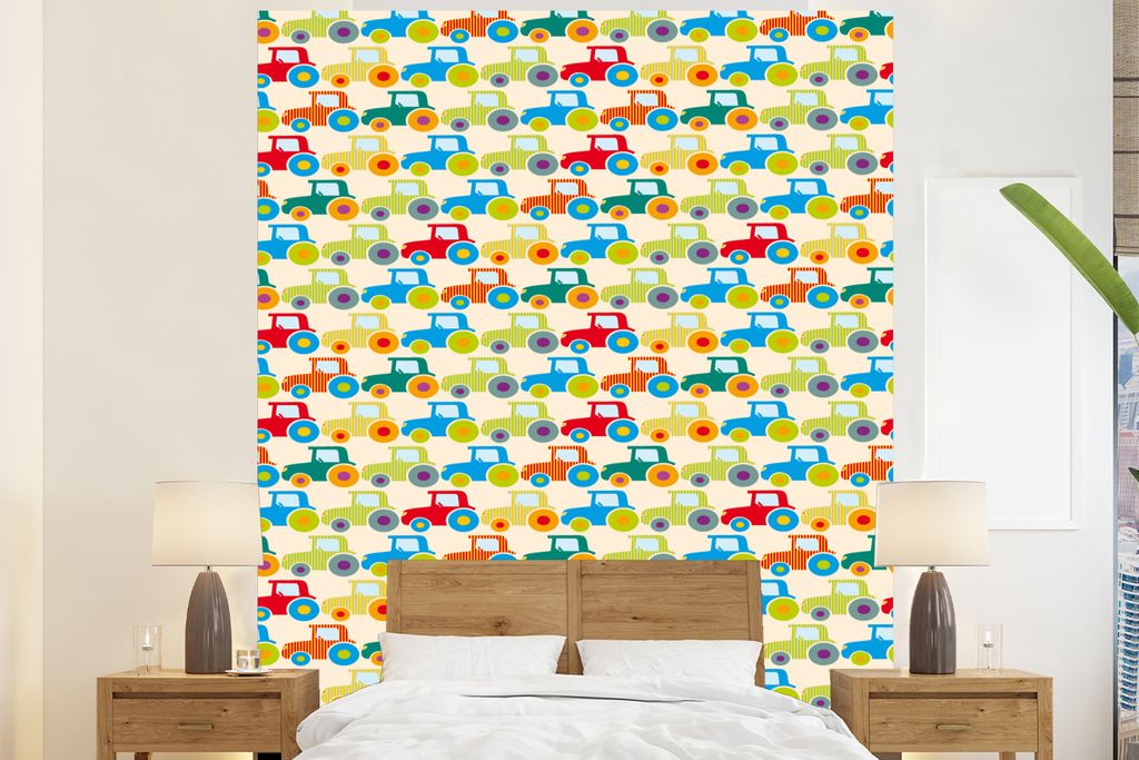 MuchoWow Fototapete für Wohnzimmer oder Schlafzimmer Wandtapete Vinyl Motivtapete Muster - Traktor - Farben - Jungen - Kinder - Kinder - 195x240...