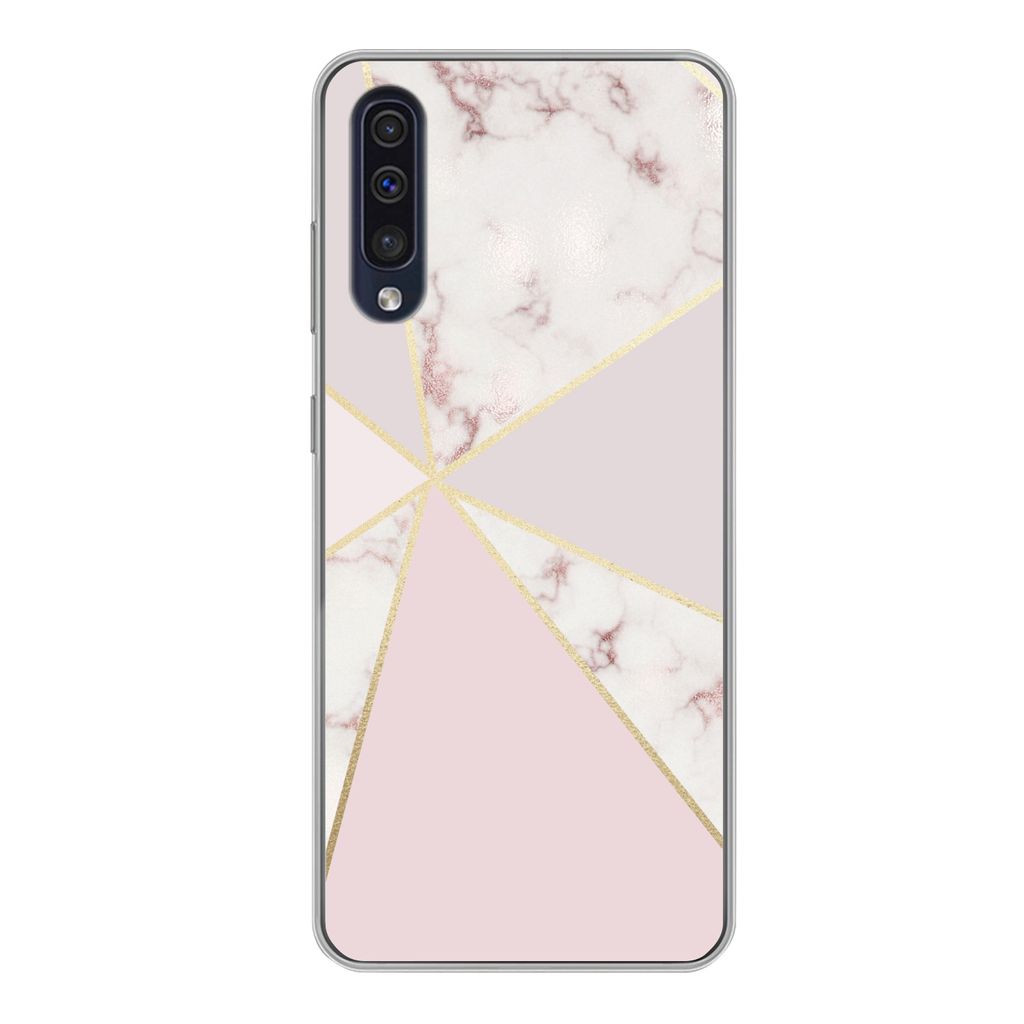 MuchoWow Handyhülle Schutzhülle Hülle für Samsung Galaxy A50 Marmor - Gold - Rosa Silikon Softcase Handy Hülle - Mobiltelefonhülle