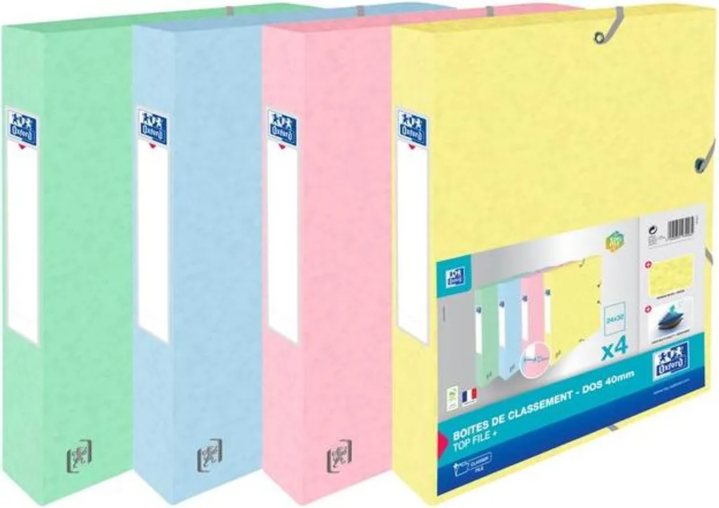 Oxford Elastobox A4 : Lot de 4 Dossiers 40mm Pastel - Rangement Durable
