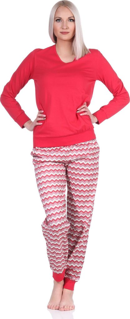 Damen Pyjama, Schlafanzug lang mit V-Hals & Bündchen im Ethno-Look ; rot , 44-46