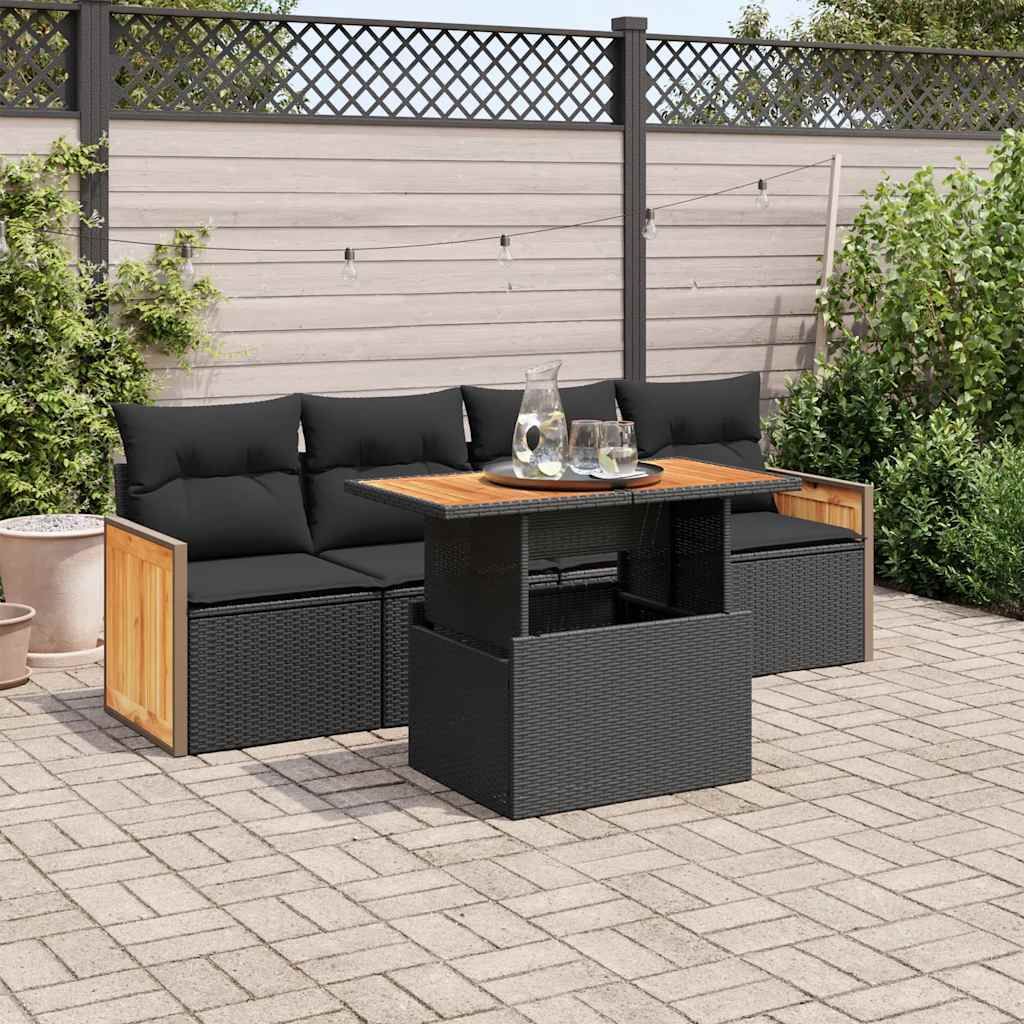 "Rabatt" 5tlg. Garten-Sofagarnitur - mit sofa - mit Kissen Schwarz Poly Rattan Akazie - Lounge-Dining set CC12156