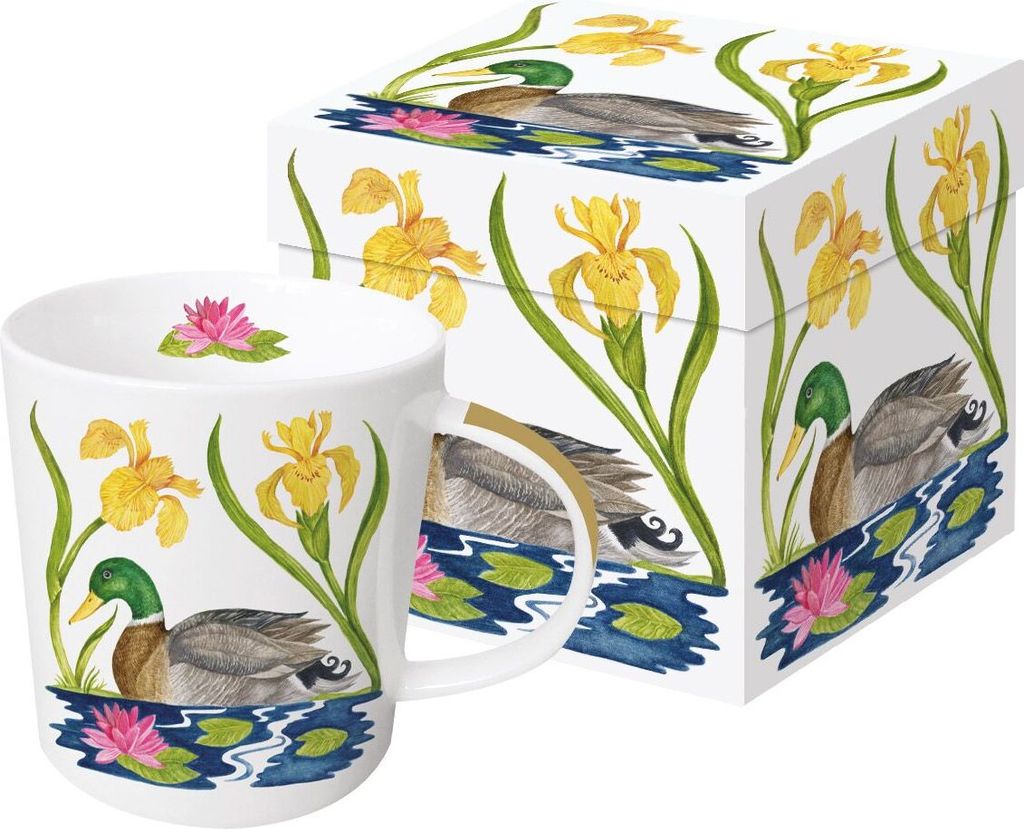 Kaffeebecher Stockente mit Geschenkbox, Tasse Blumen Seerosen Erpel