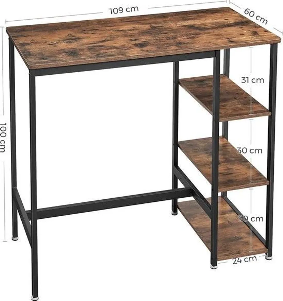Table de bar stable 109 cm marron foncé avec 3 compartiments de stockage