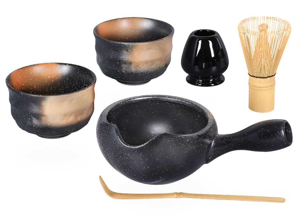 Matcha Set / Matchaset für zwei, Anschlagschale 450ml mit 2 Trinkschalen anthrazit und Besen/Löffel/Halter, handbemalt