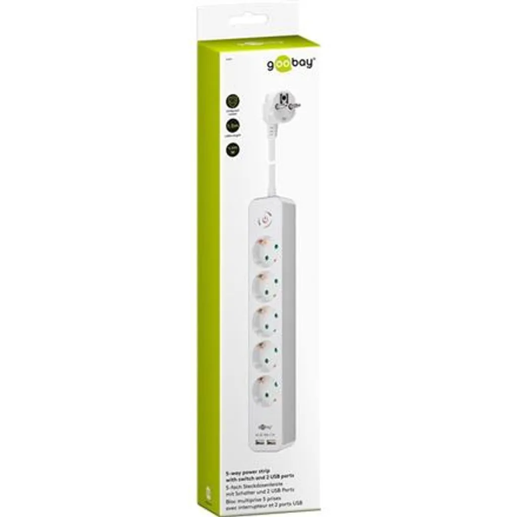 Goobay Striscia di alimentazione a 5 vie con interruttore e USB