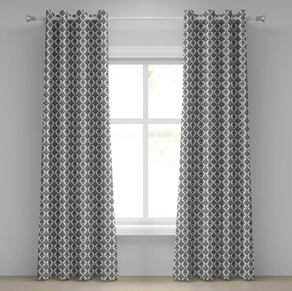 Rideau Damas Noir et Blanc Motif Rétro Moderne - 2 Panneaux de 280x245 cm