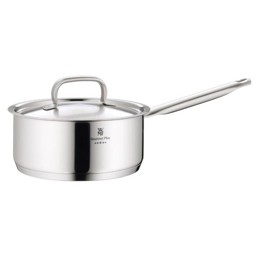 A stainless steel saucepan with a lid and handle, presented on a white background.