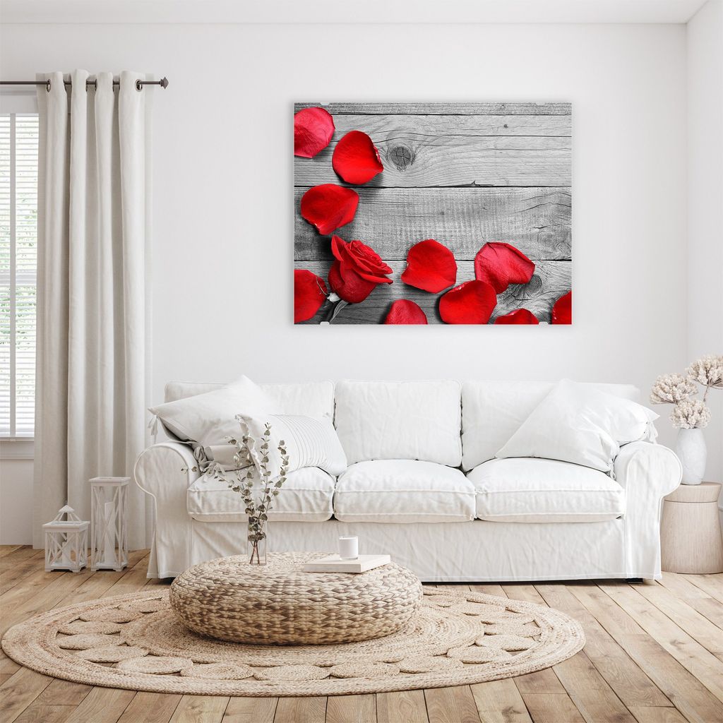 Glasbild Wandbild Rosenblätter auf Holztisch 100x80cm in XXL für Wohnzimmer, Schlafzimmer, Badezimmer, Flur