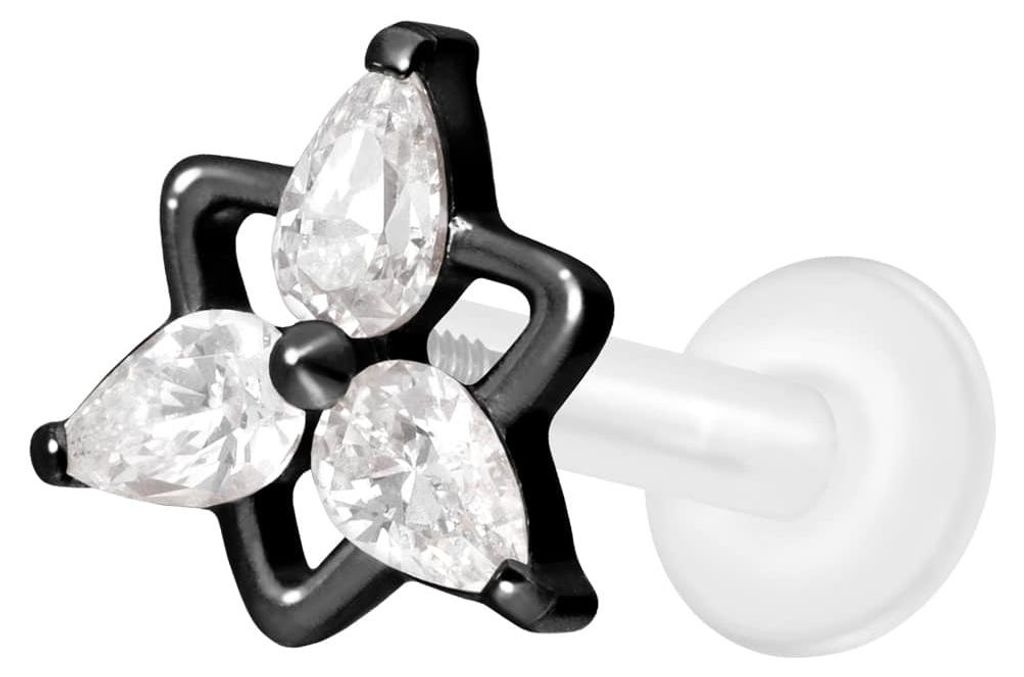 Ohrpiercing, Nasenpiercing PTFE Labret mit Innengewinde + Titan-Aufsatz KRISTALLBLUME Schwarz Stablänge: 10mm | Stabstärke: 1,6mm