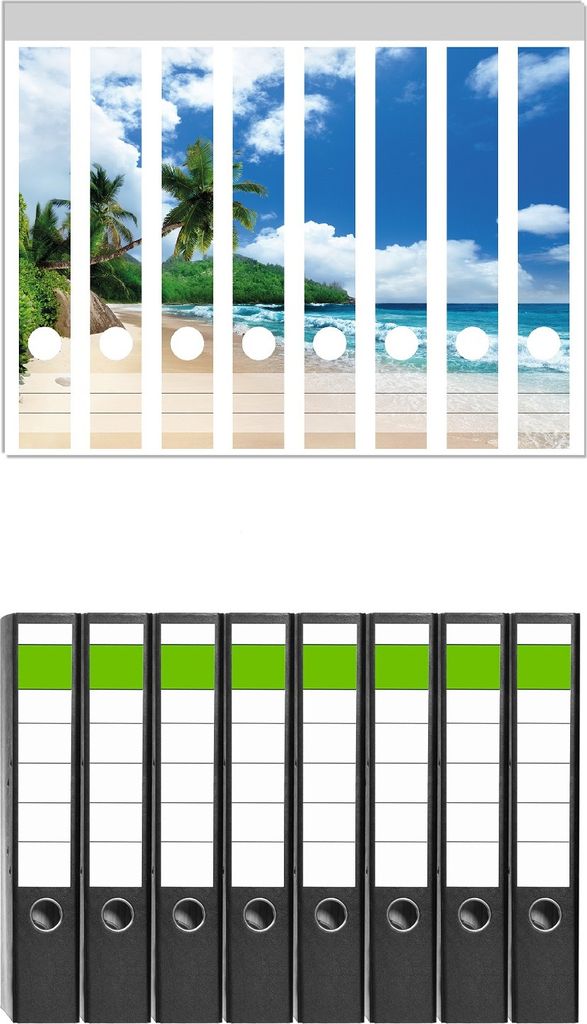 Wallario 8 Stück schmale Ordner inkl. Klebeetiketten mit Motive Urlaub auf den Seychellen unter Palmen am Sandstrand - Set mit Rückenschildern /...