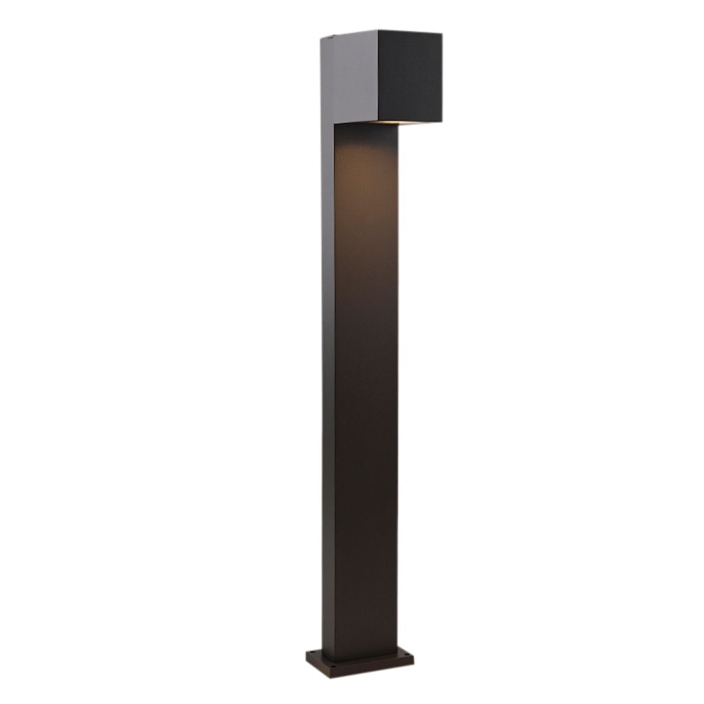 A modern, dark gray outdoor lamp with a square top and a tall, rectangular base, set against a white background.