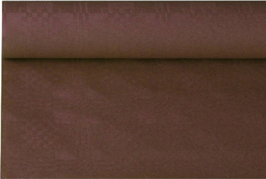A roll of brown paper tablecloth with a damask pattern.