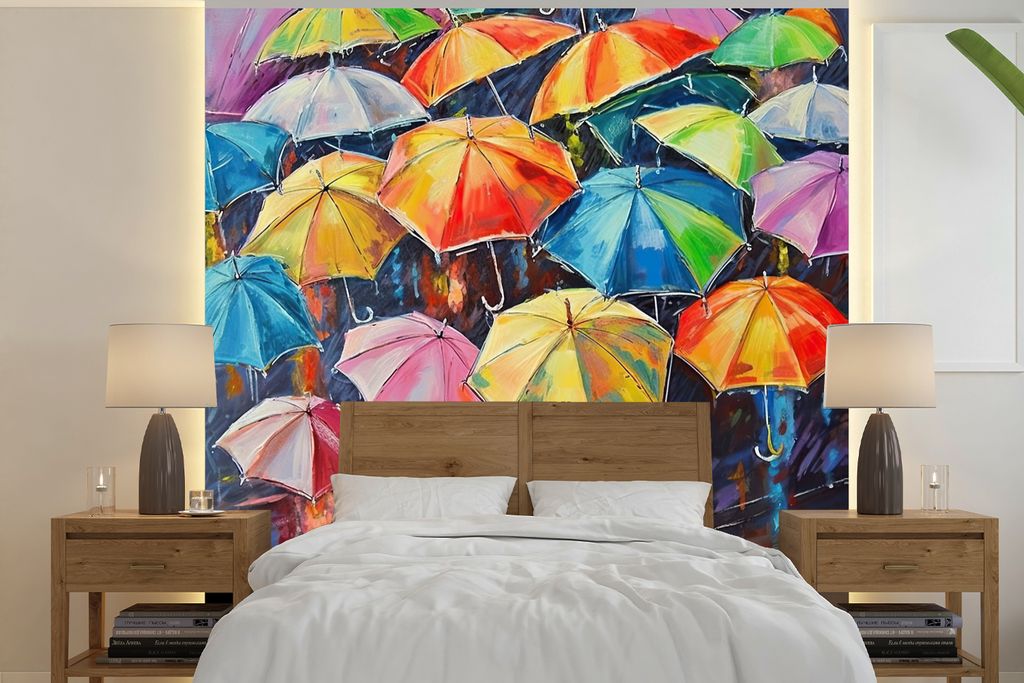 MuchoWow Fototapete für Wohnzimmer oder Schlafzimmer Wandtapete Vinyl Motivtapete Regenschirme - Malerei - Kunst - Regenbogen - 300x300 cm - Wan...