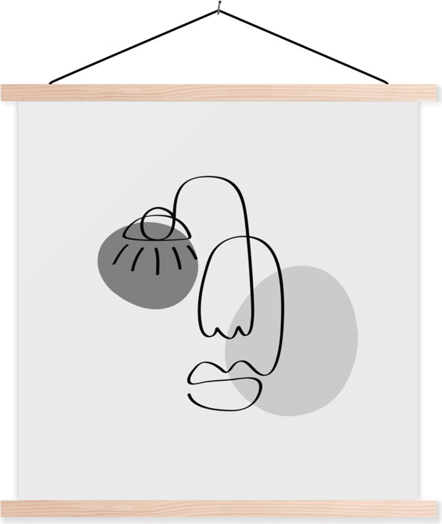 MuchoWow Textilposter Minimalismus - Gesicht - Schwarz - Weiß 60x60 cm mit holzfarbenen Rahmen - Wanddekoration