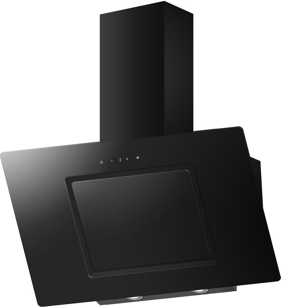 A black kitchen range hood is shown against a white background.