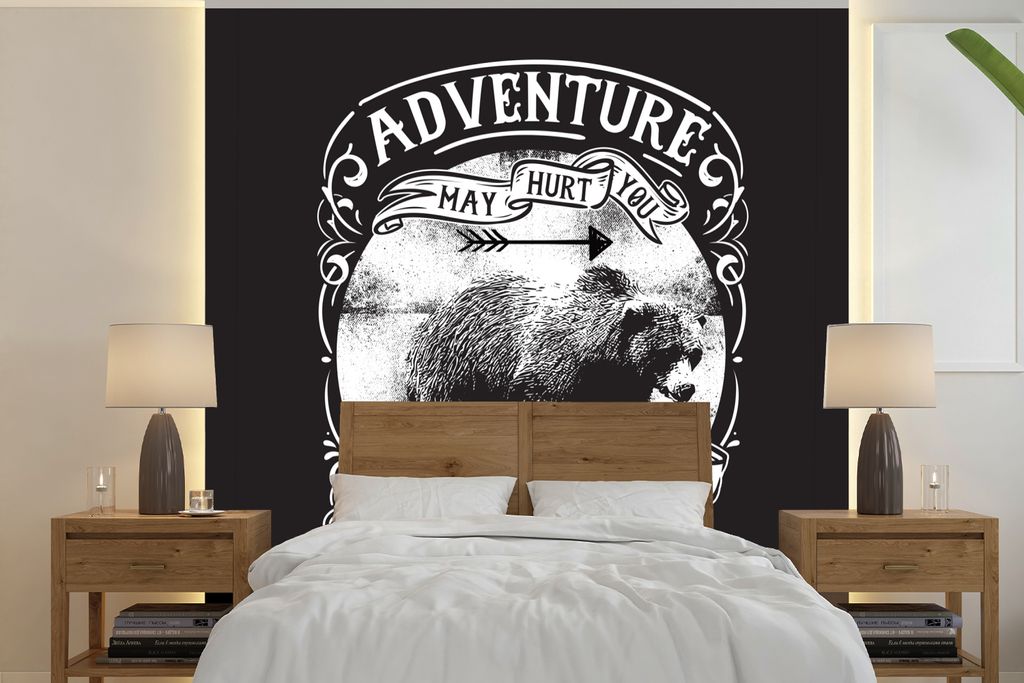MuchoWow Fototapete für Wohnzimmer oder Schlafzimmer Wandtapete Vinyl Motivtapete Bär - Tiere - Retro - Briefe - 280x280 cm - Hintergrundbild