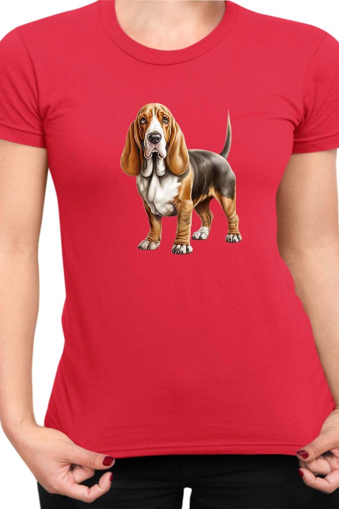 Damen T-Shirt Dogs Breeds Basset Hound Dog Breed 005, Lady XS / Rot