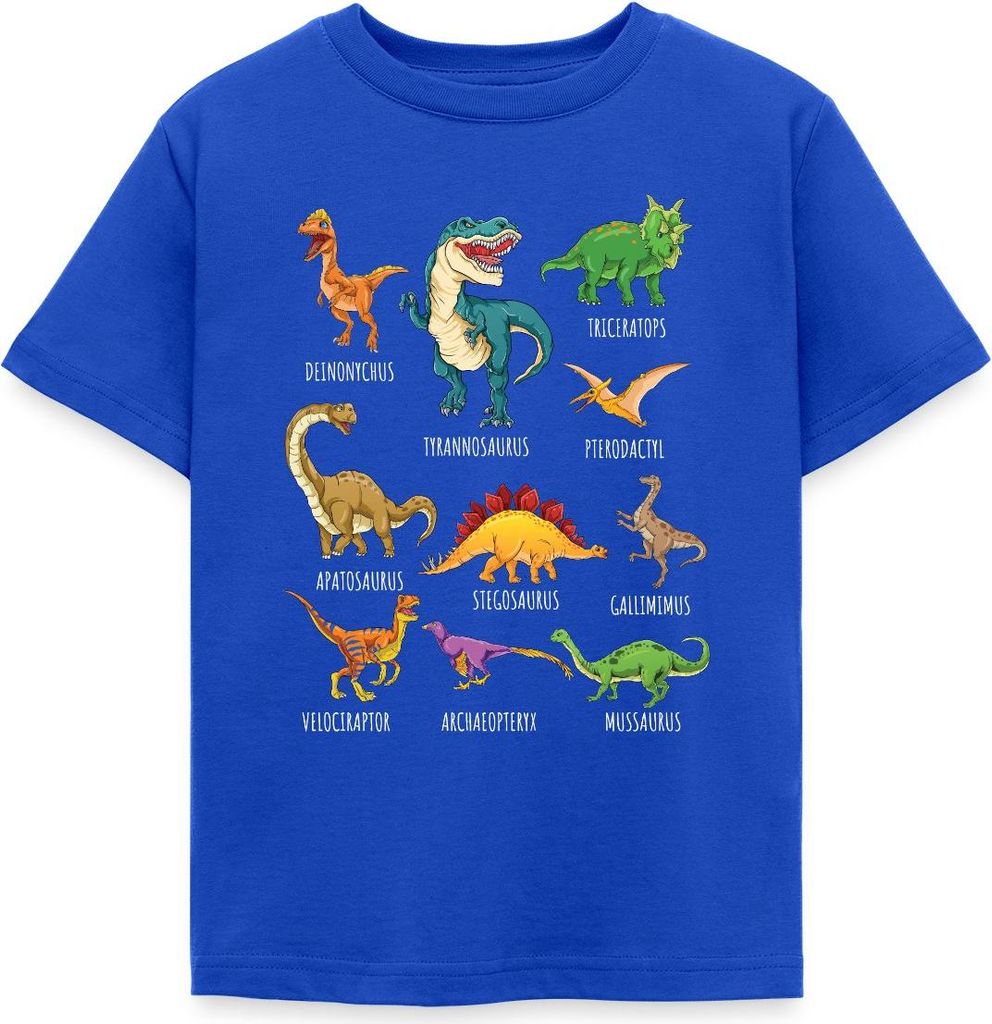 Spreadshirt Dinosaurier Arten Übersicht Dino T-Rex Comic Kinder T-Shirt, 110/116 (5-6 Jahre), Royalblau
