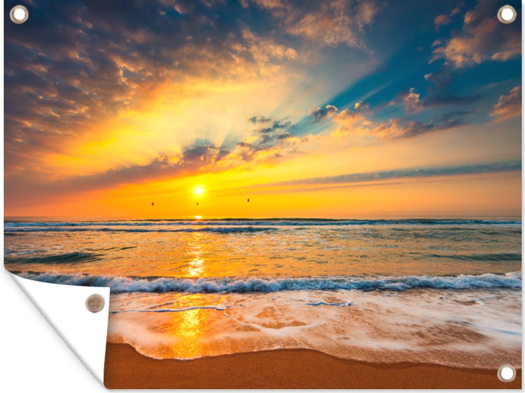 MuchoWow 80x60 cm Outdoor-Poster Gartendeko Sichtschutz Garten Poster für den Garten Sonnenuntergang - Strand - Meer - Wolken - Orange