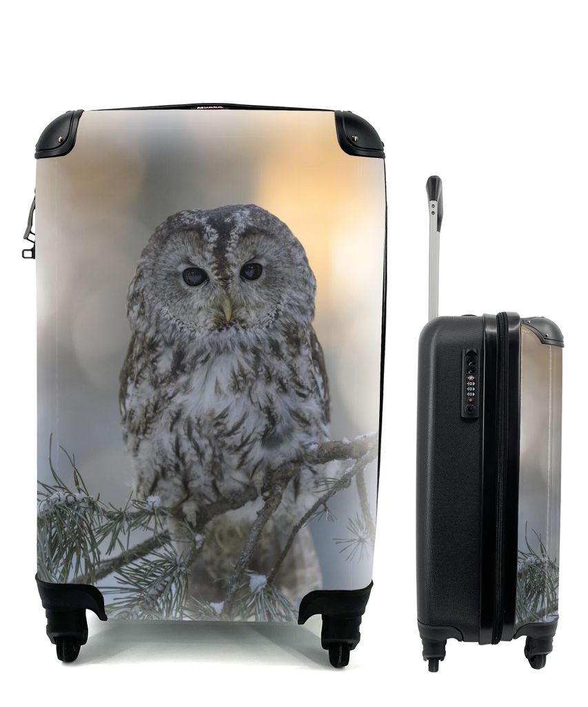 MuchoWow Koffer Handgepäck Trolley Rollkoffer Kleine Reisekoffer mit 4 Rollen - Nahaufnahme eines Waldkauzes auf einem verschneiten Ast - Cabin ...