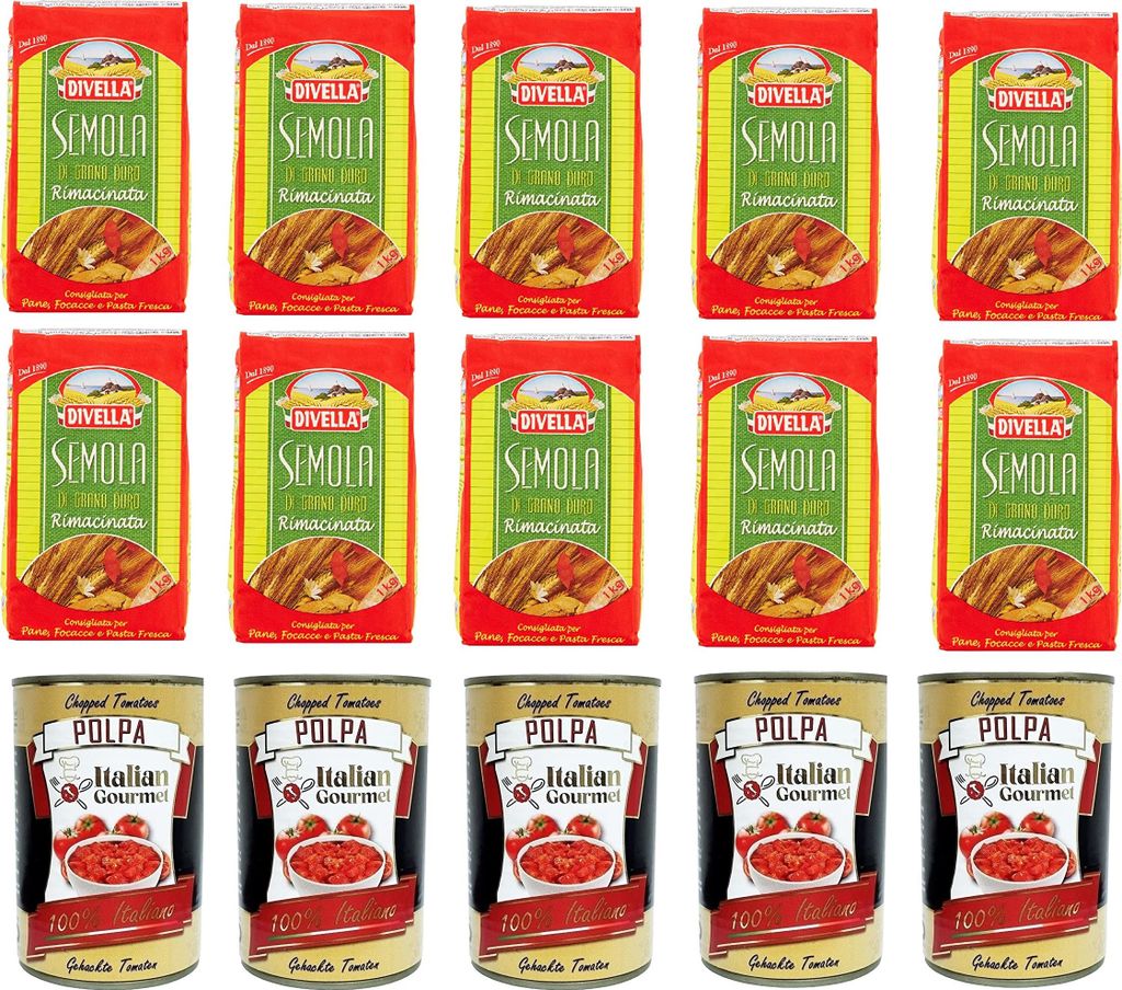 Testpaket Hartweizengrieß - Semola di Grano Duro Divella 10x 1kg und Italian Gourmet Polpa di pomodoro Fein gehacktes Tomatenmark 5x 400g