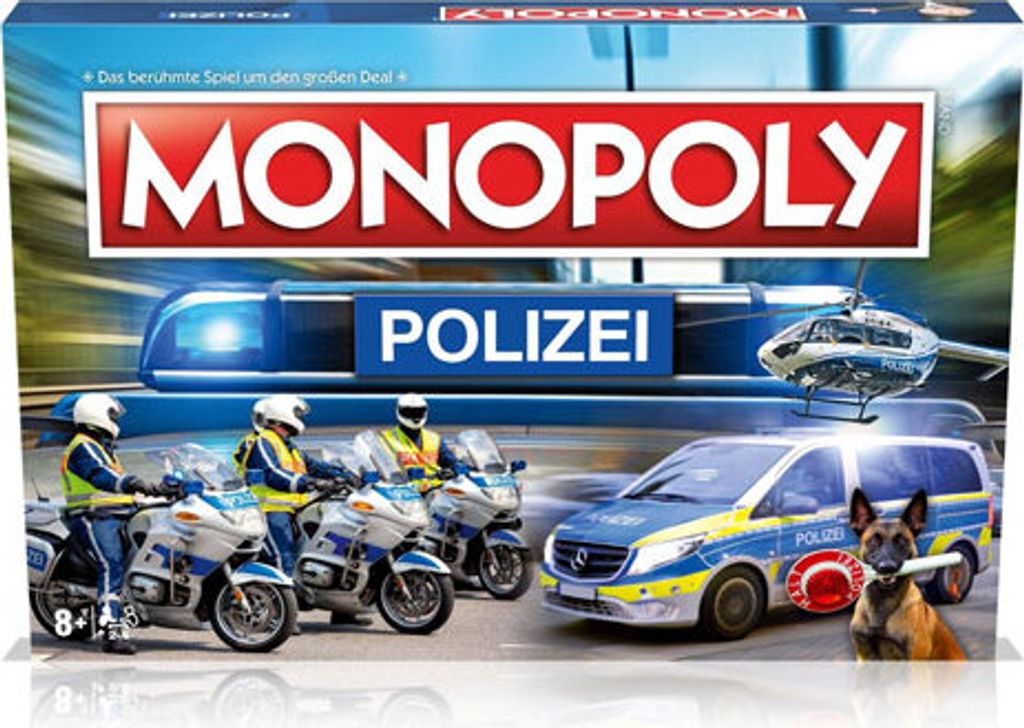The image shows the box of a Monopoly board game with a police theme. It features police motorcycles, a police van, a helicopter, and a police dog.