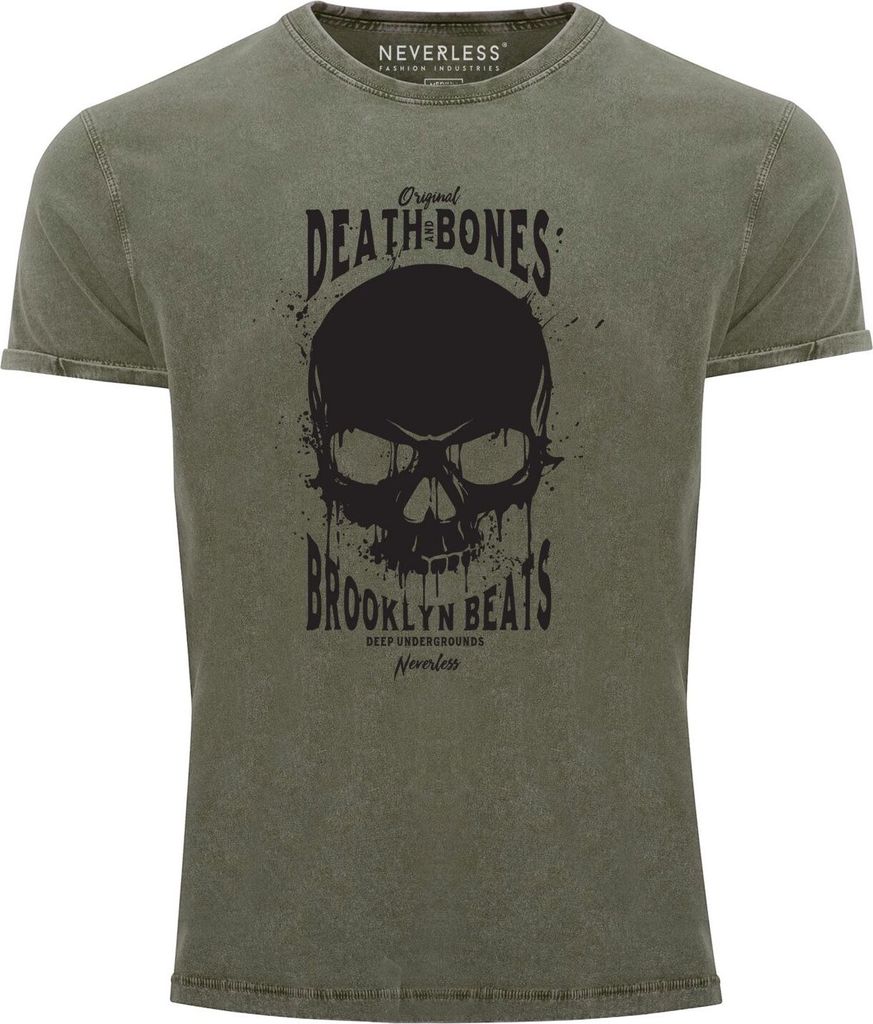 Neverless Herren T-Shirt Vintage Shirt Printshirt Skull Death and Bones Aufdruck Used Look Slim Fit oliv L