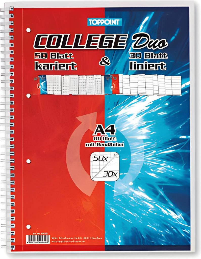 TOPPOINT Collegeblock 2 in 1 liniert und kariert DIN A4 Innen- und Außenrand